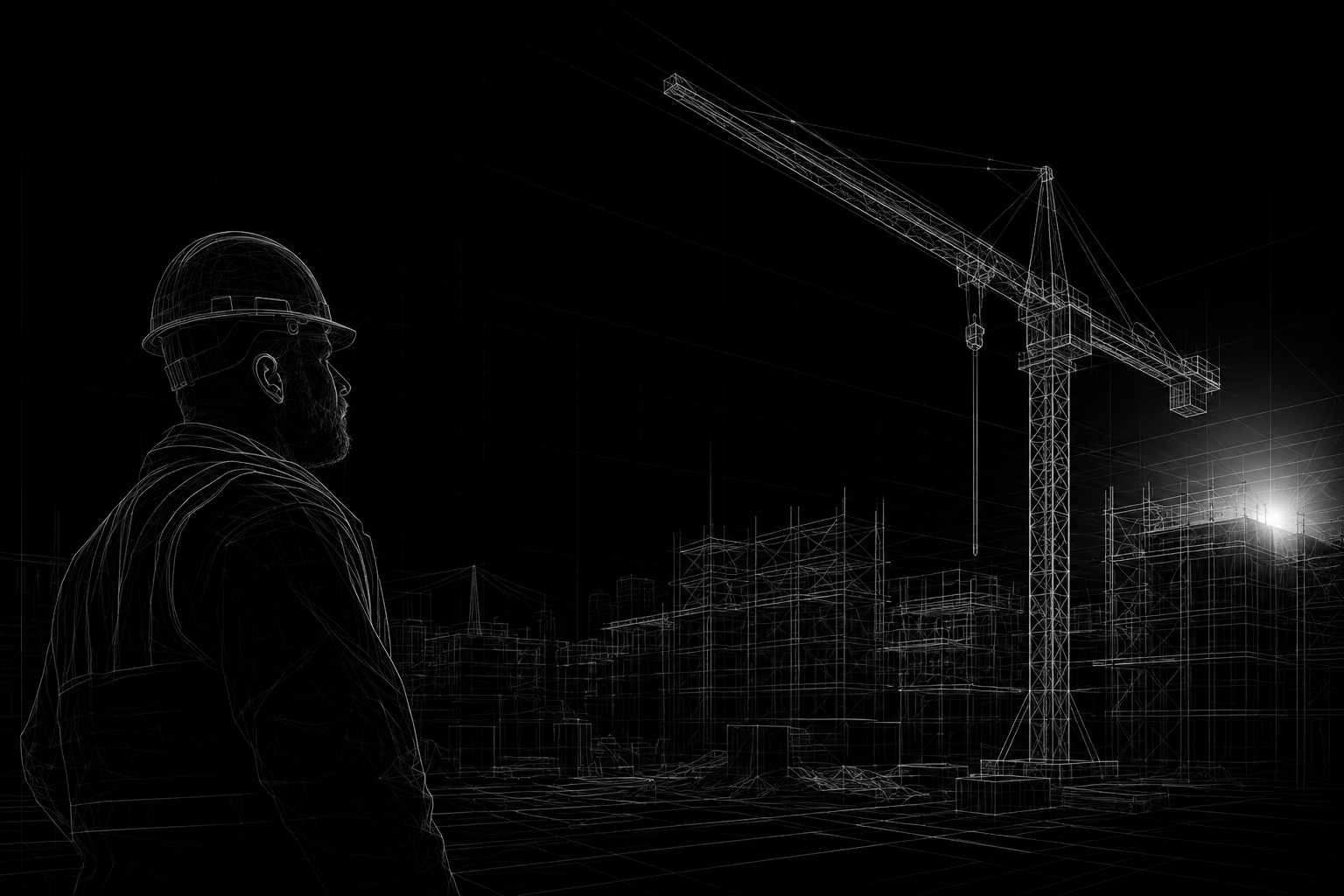 A digital wireframe image of a construction site with a worker wearing a hard hat, overlooking buildings and a crane.