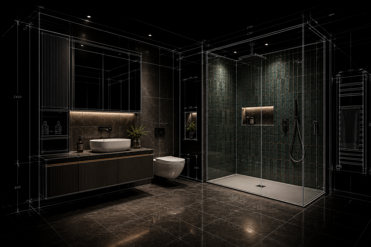 A modern bathroom with black marble flooring, a dark vanity with a vessel sink, a wall-mounted toilet, and a glass-enclosed shower with dark tiles.