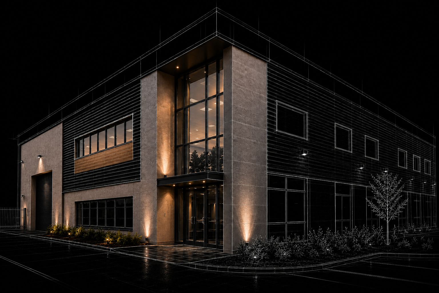 Night view of a modern commercial building under construction, with sketch lines outlining the architecture and landscaping.