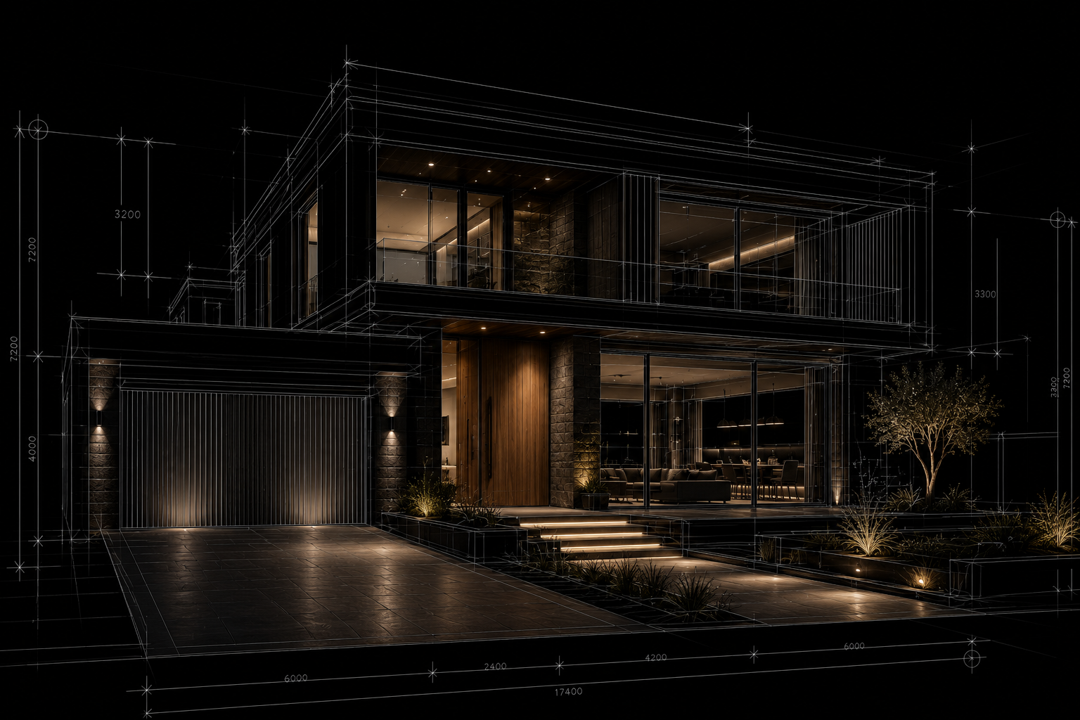 Nighttime modern house with architectural blueprint overlay, featuring a two-story structure with large glass windows, outdoor stairs, a garage door, and landscaped front yard.