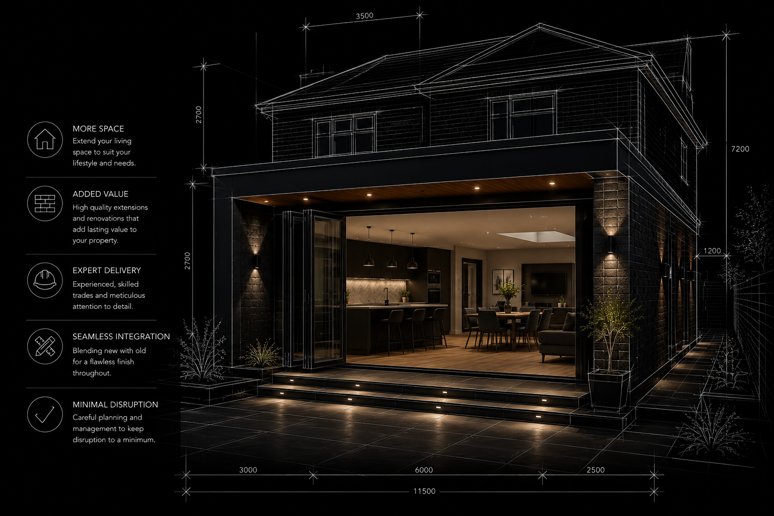Architectural blueprint of a modern house with a black exterior, illuminated open living room, and detailed measurements. Side notes mention additional space, value, expert delivery, seamless integration, and minimal disruption.