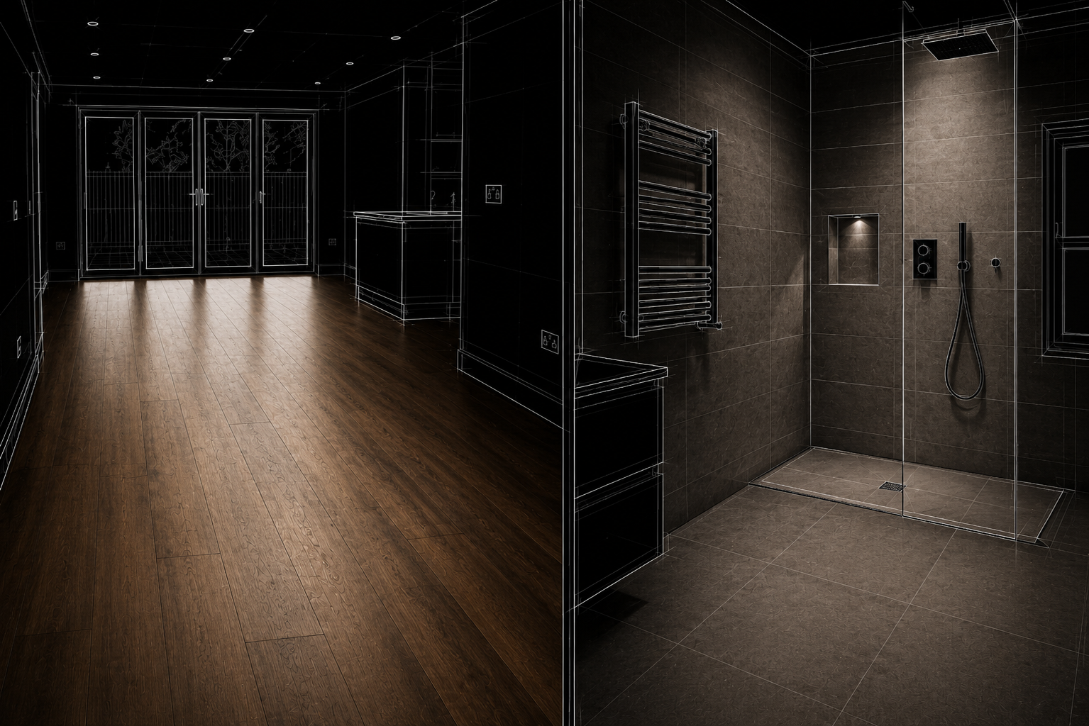 A room under construction showing two sections; one side with finished dark wood flooring and glass doors leading outdoors, the other side with unfinished sketch outline style wall and fixtures for a bathroom shower area.