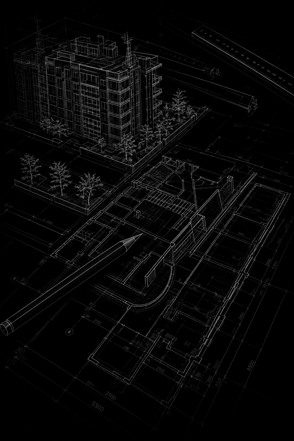 Black and white architectural blueprint of a multi-story residential building with trees, detailed floor plans, and measuring tools.