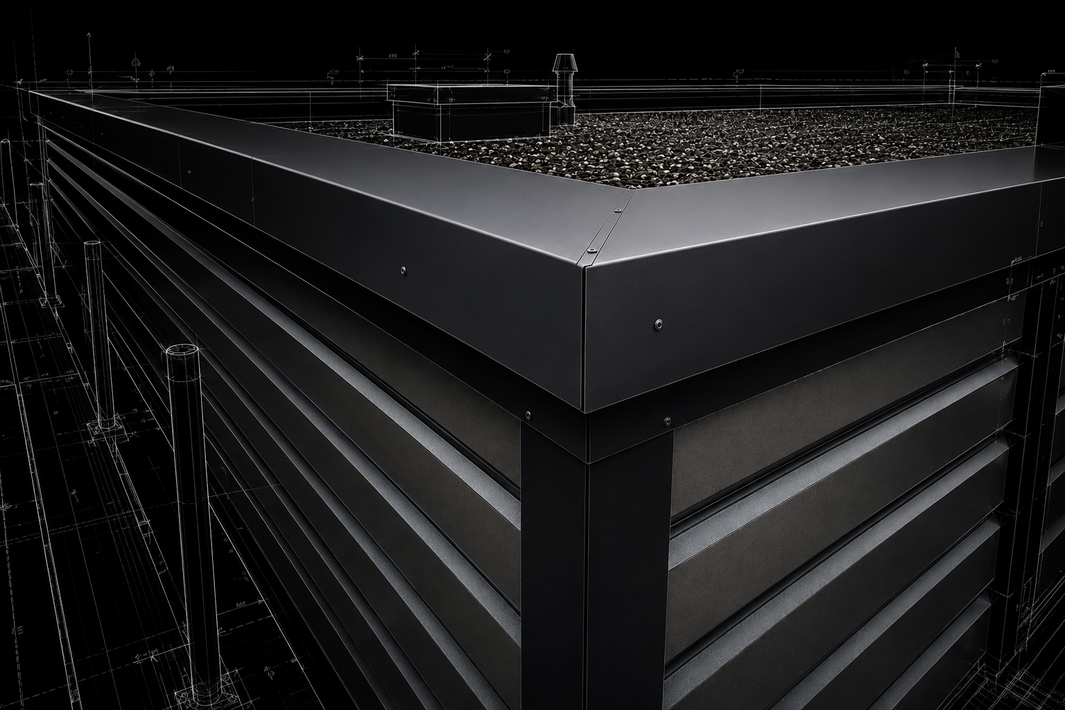 Close-up of a modern building rooftop with metal paneling, vent, and gravel surface, with architectural blueprints overlay.