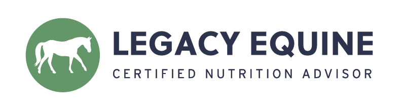 Legacy Equine logo with a white horse silhouette inside a green circle and bold navy text reading 'Legacy Equine Certified Nutrition Advisor'.