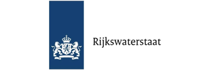 Logo van Rijkswaterstaat met een blauwe verticale balk en een Koninklijke Leeuw