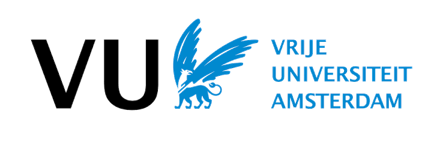 Logo van Vrije Universiteit Amsterdam met de tekst 'VU' en de naam ernaast met een blauwe leeuw.
