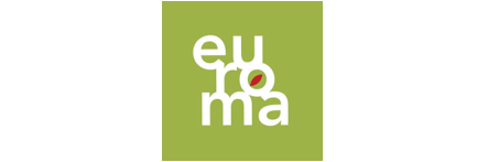 Logo van de Europese Unie met de tekst 'eu roma' op een groene achtergrond.