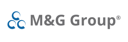 Logo van M&G Group met drie blauwe cirkels en de naam in grijze letters.