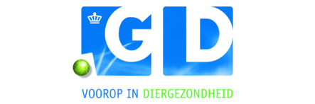 Logo met de letters 'GD' in blauw en een groene stip, met de tekst 'VOOROP IN DIERGEZONDHEID' eronder.