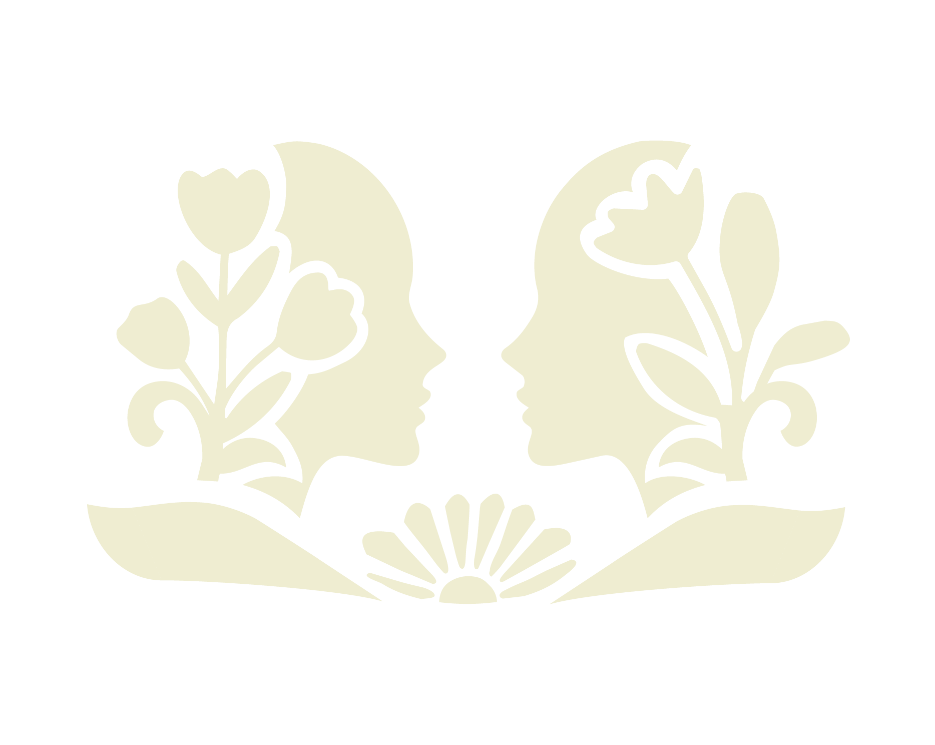 A light-colored, symmetrical emblem featuring two human profiles facing each other, with floral and decorative elements surrounding and between them.