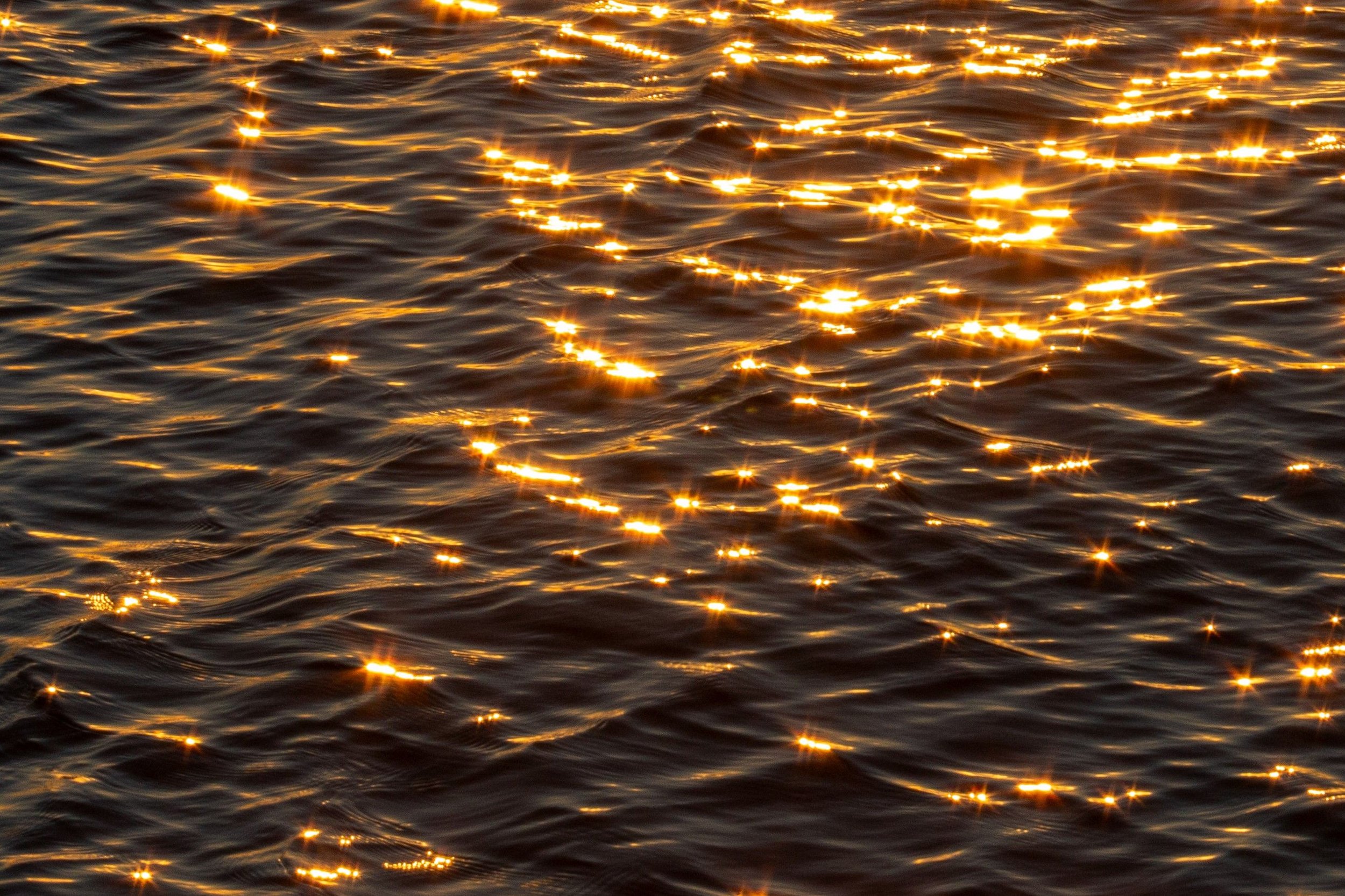 Sunlight reflecting off rippling water, creating bright, star-like points of light on the surface.
