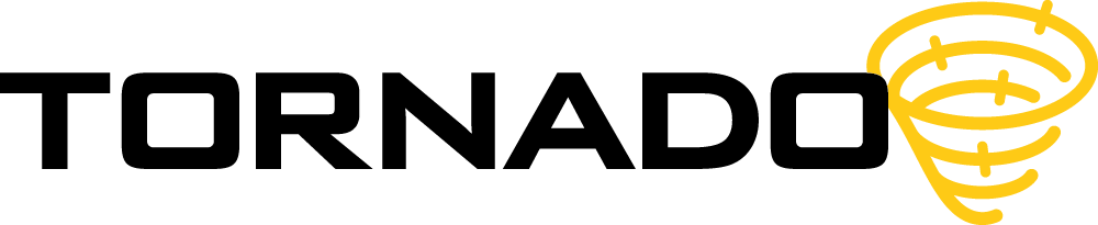 The image features the word "TORNADO" in bold black uppercase letters with a stylized tornado icon in yellow to the right of the text.