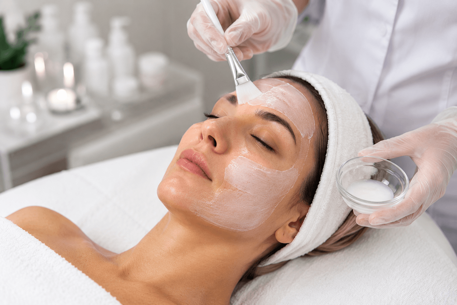 A woman is receiving a facial treatment at a spa or skincare clinic. She has her eyes closed and is lying on a treatment bed with a white towel around her chest. A skincare professional in gloves is applying a facial mask using a brush, and holding a small bowl of lotion or cream.