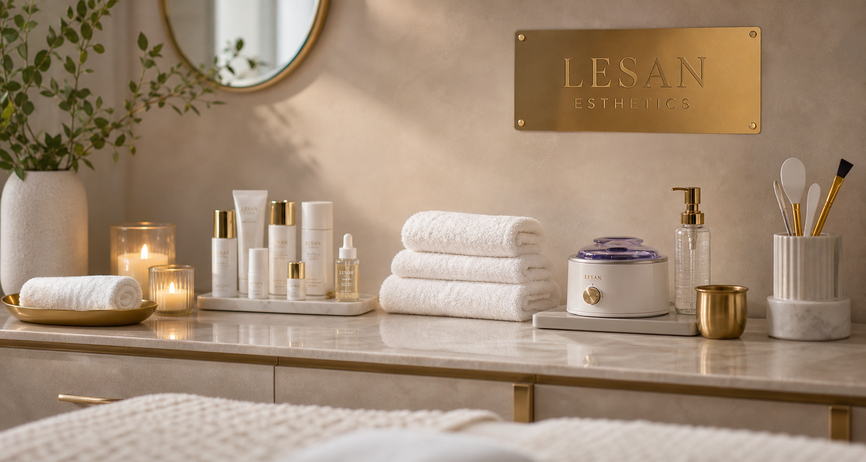 A neatly organized skincare and towel station in a spa or clinic, with white towels, skincare bottles with gold caps, candles, a humidifier, and various beauty tools, with a gold sign reading 'LESAN ESTHETICS' on the wall.