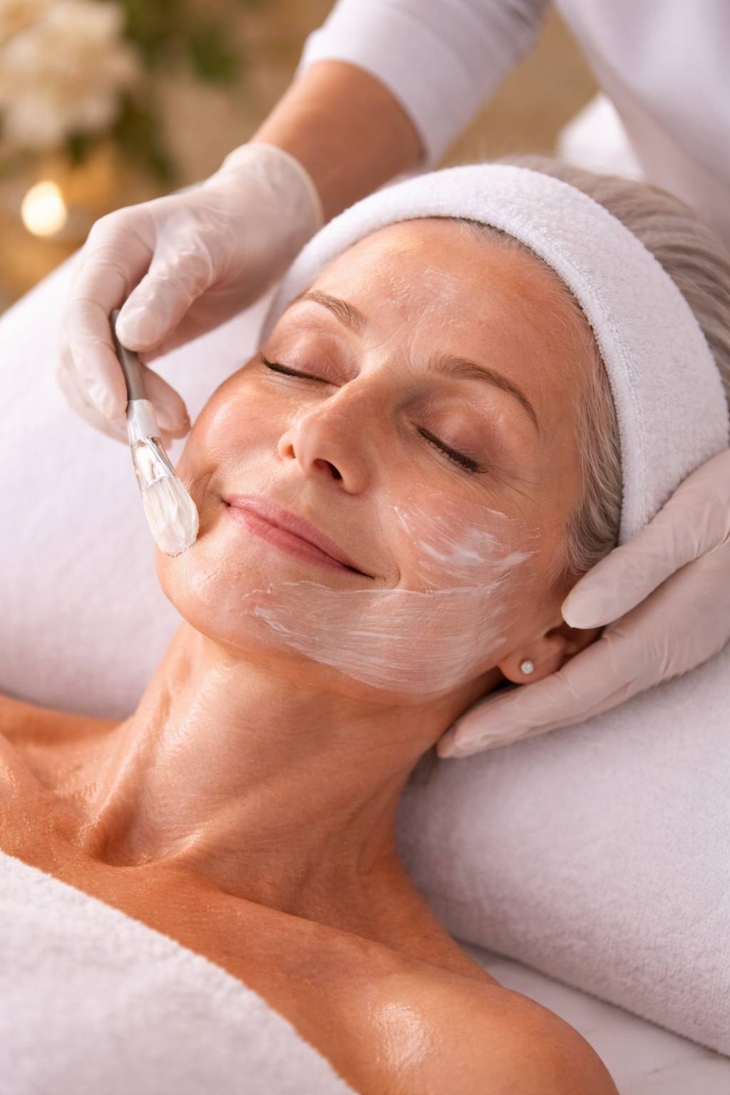 A woman with a towel on her head receiving a facial treatment, a professional applying moisturizer or facial mask with a brush, in a spa setting.