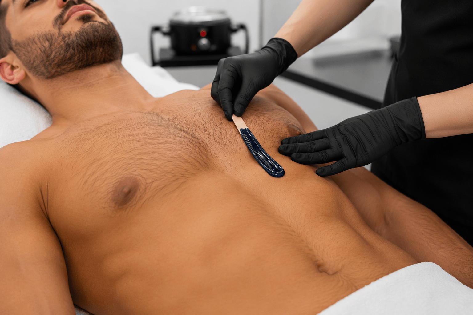 A man lying shirtless on a medical bed while a person in black gloves applies a dark blue substance to his chest with a spatula.
