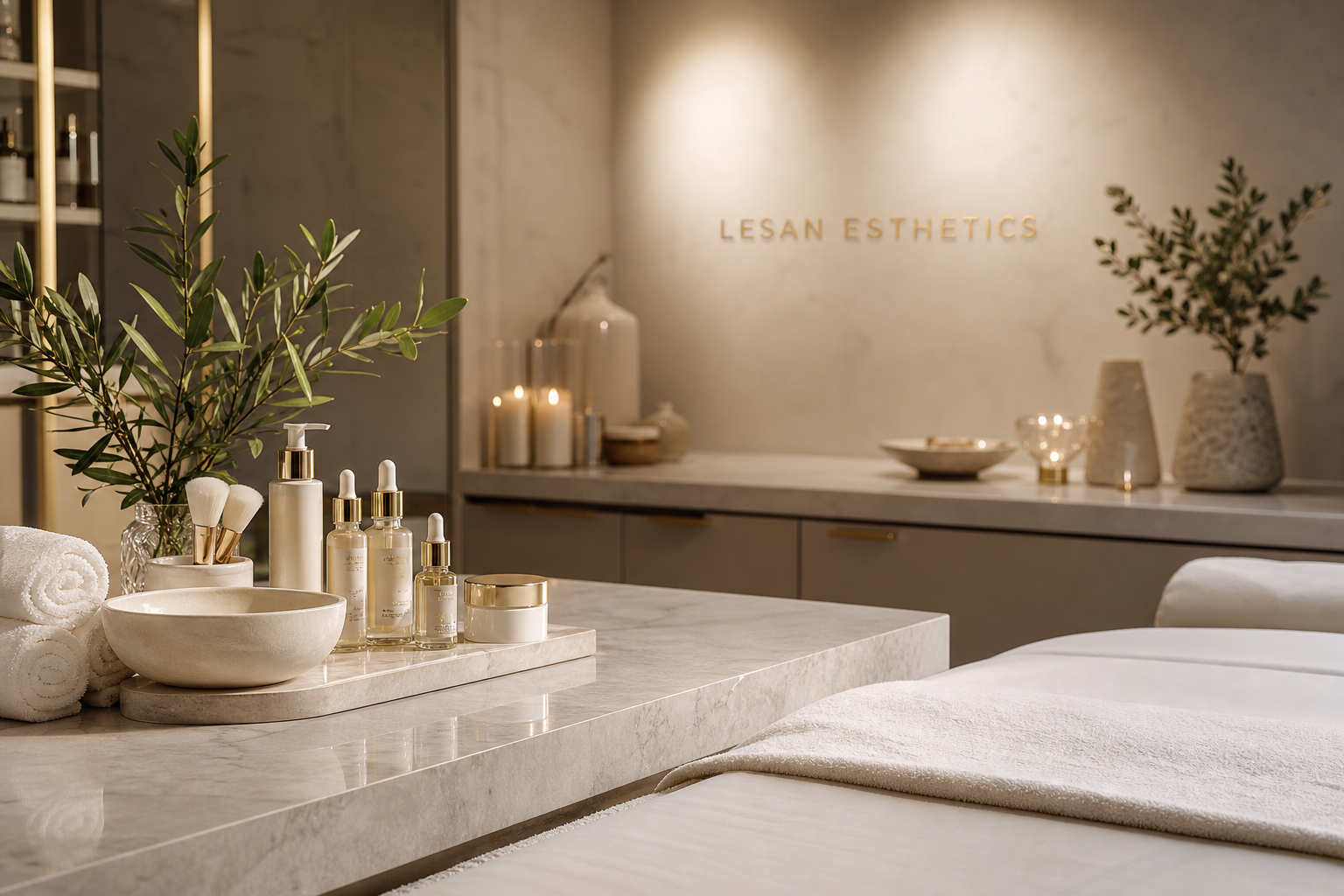 A spa room with a marble table holding skincare products, towels, and a bowl. In the background, candles, vases with plants, and a sign reading 'Lesan Esthetics' on the wall.
