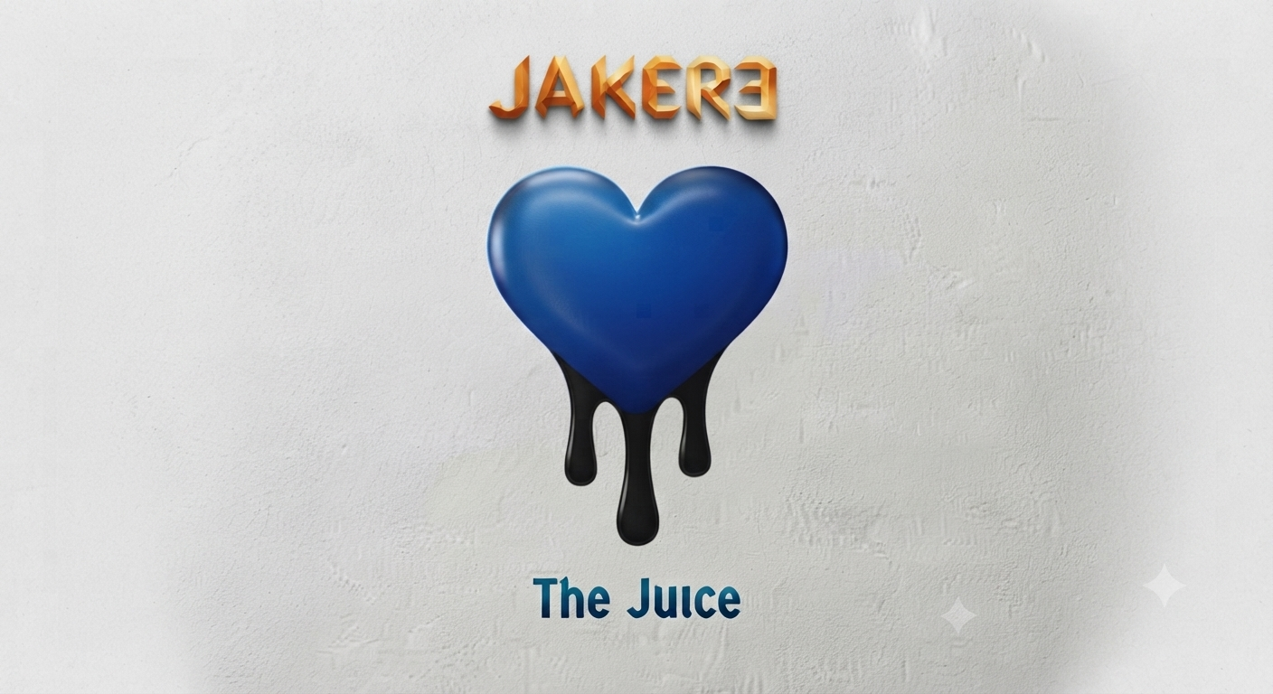 A graphic design featuring a blue heart with black drips at the bottom, the word "JAKERƎ" in stylized orange letters above it, and the text "The Juice" in blue below the heart, set against a white textured background.