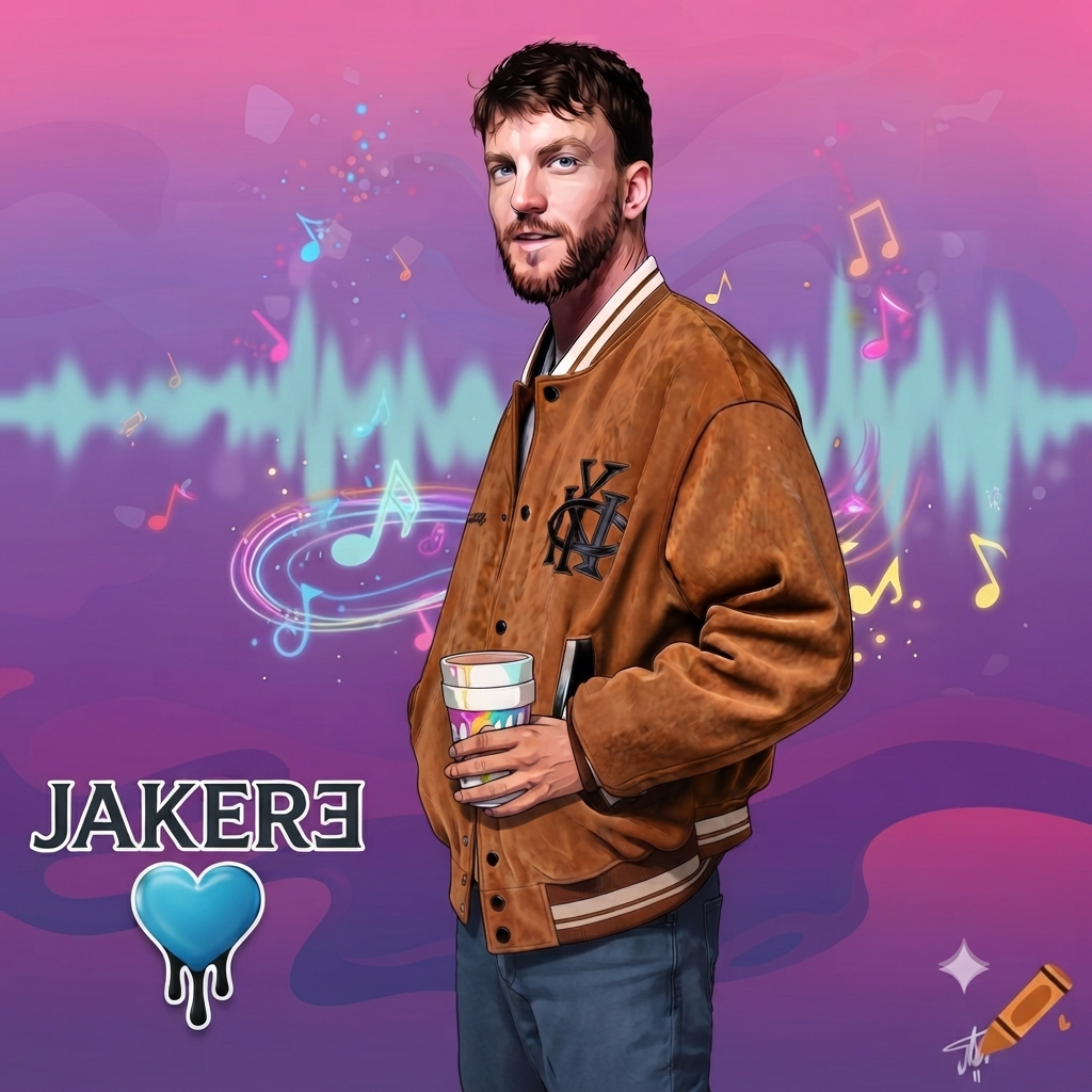 A man with dark hair and a beard holding a colorful cup, wearing a brown leather jacket with a logo on the chest, standing against a vibrant, digital-style background with musical notes and sound waves.