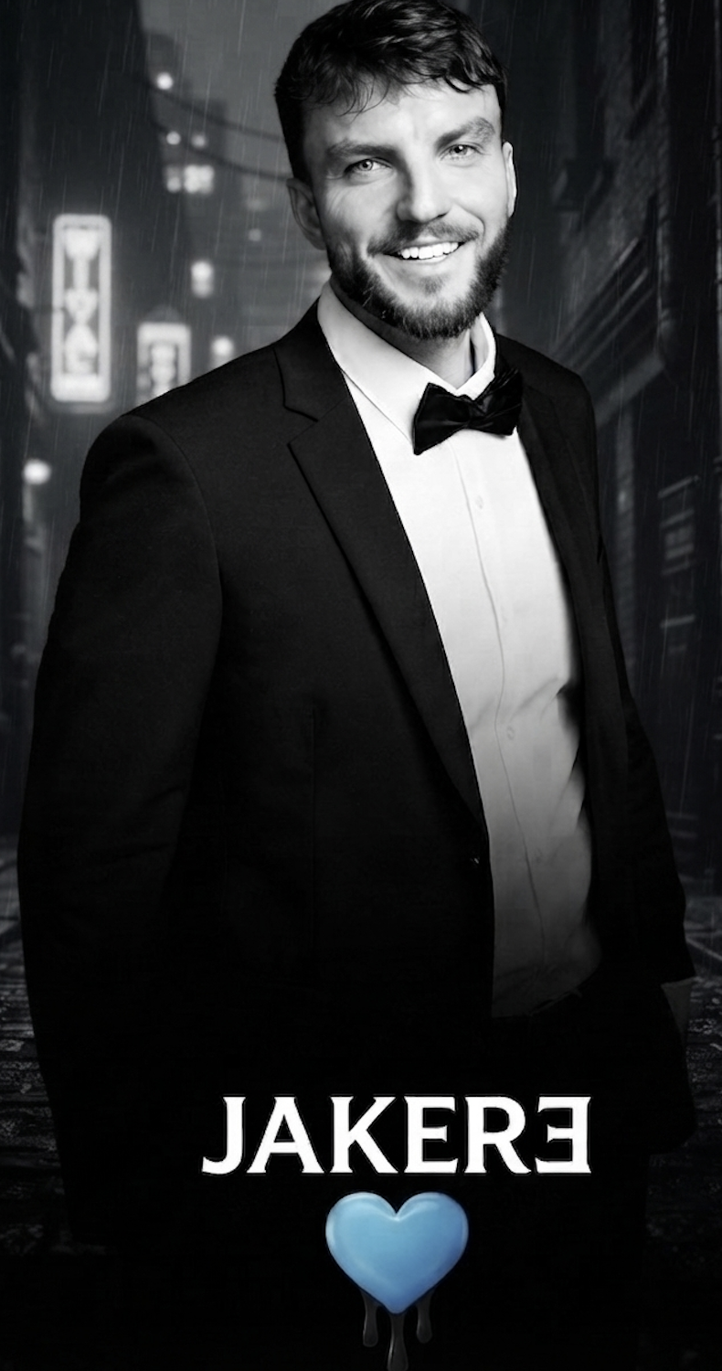 A black-and-white portrait of a smiling handsome man in a tuxedo with a bow tie, standing in front of a cityscape background with neon lights and rain, with the name 'JAKERƎ' logo of the blue dripping love heart design at the bottom.