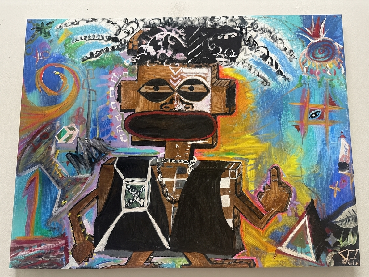 Colourful abstract painting of a being with a large face, bold mouth, unique eyes, and incredible black and white swirls hair, with various geometric and symbolic elements surrounding them.