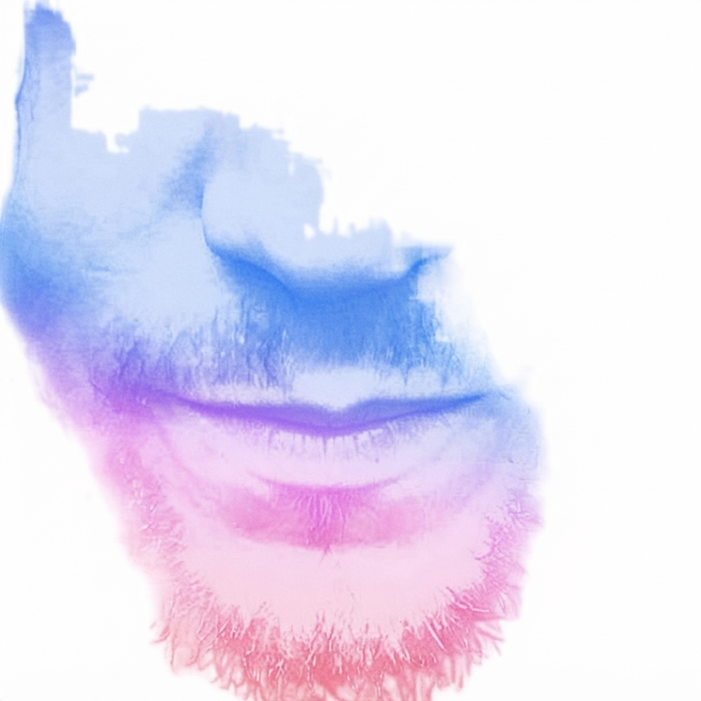 Mysterious close-up of his lips nose and chin with pastel-colored effects in pink, purple, and blue.
