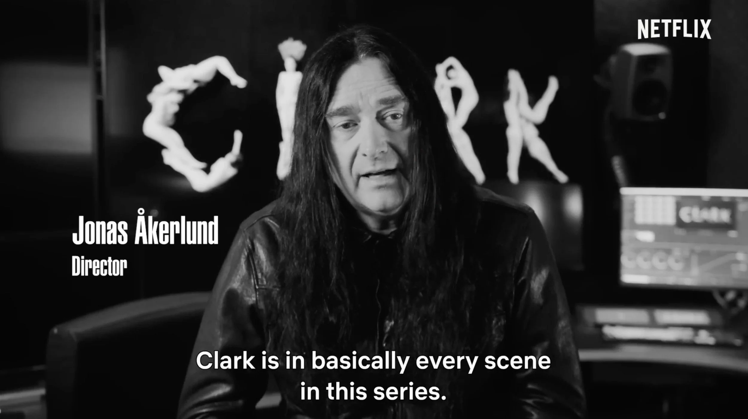 Director Jonas Åkerlund interviewed in black and white for the Netflix CLARK making-of film by CTRL Pictures