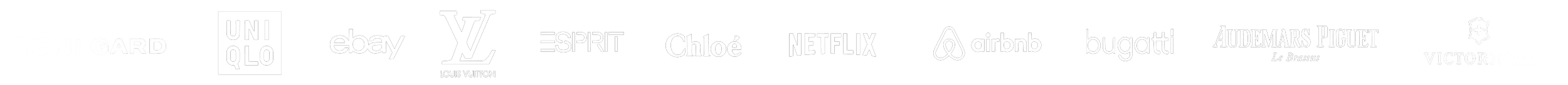 A black and white image featuring logos of various brands including Toni Gard, Uniqlo, eBay, Louis Vuitton, Esprit, Chloé, Netflix, Airbnb, Bugatti, Audemars Piguet, and Victorinox.