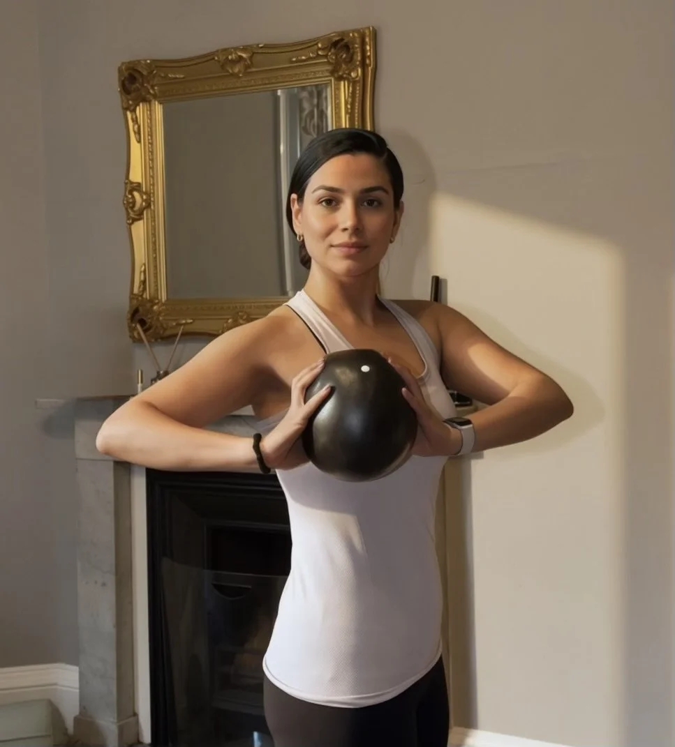A woman in a white tank top holding a black kettlebell with both hands, standing indoors near a fireplace and a large ornate gold-framed mirror.