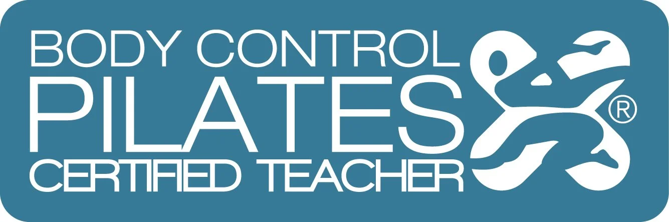Blue logo for Body Control Pilates, Certified Teacher, featuring a white abstract human figure in a Pilates pose.