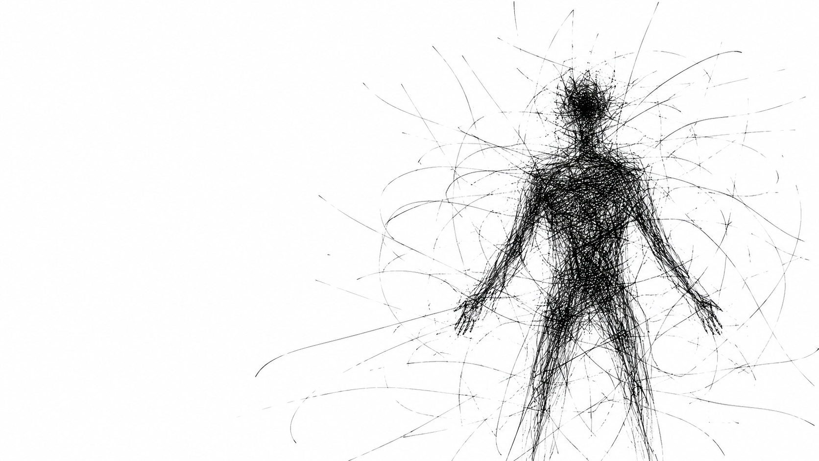 A digital illustration of a human silhouette made of black lines and dots, with chaotic lines radiating outward, resembling a human form in an abstract, web-like style.