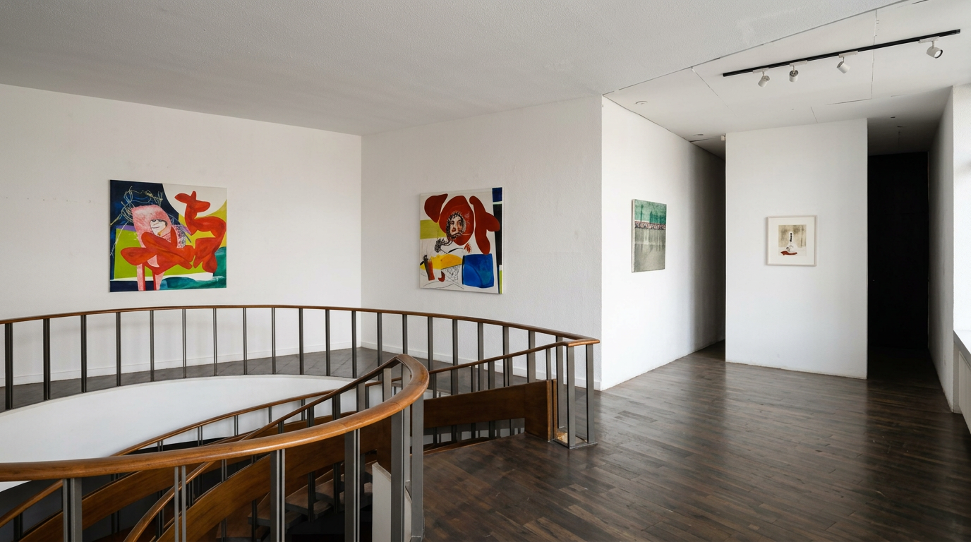 A modern art gallery with white walls, wooden floors, and artwork displayed on the walls. There is a curved wooden and metal railing around the staircase opening.