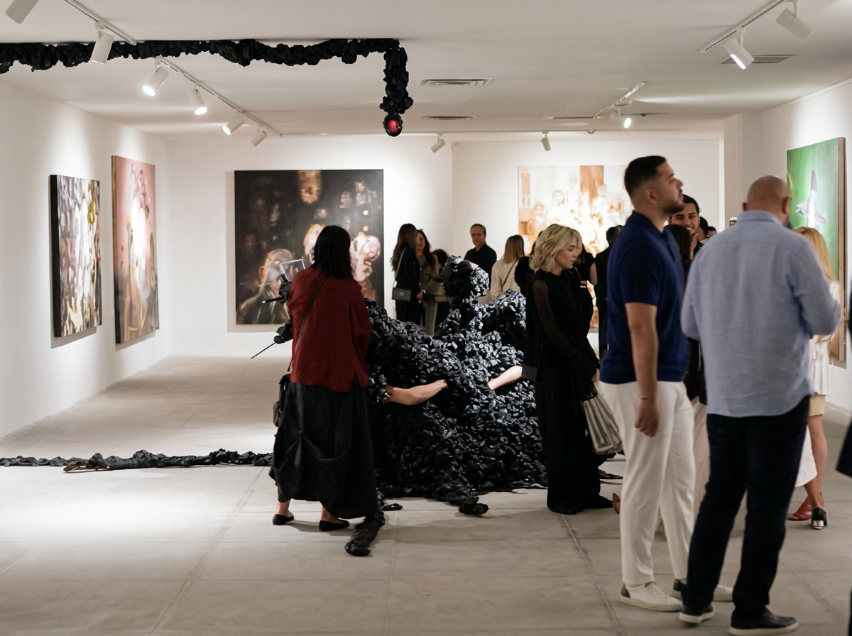 People viewing contemporary art and sculptures in an art gallery.
