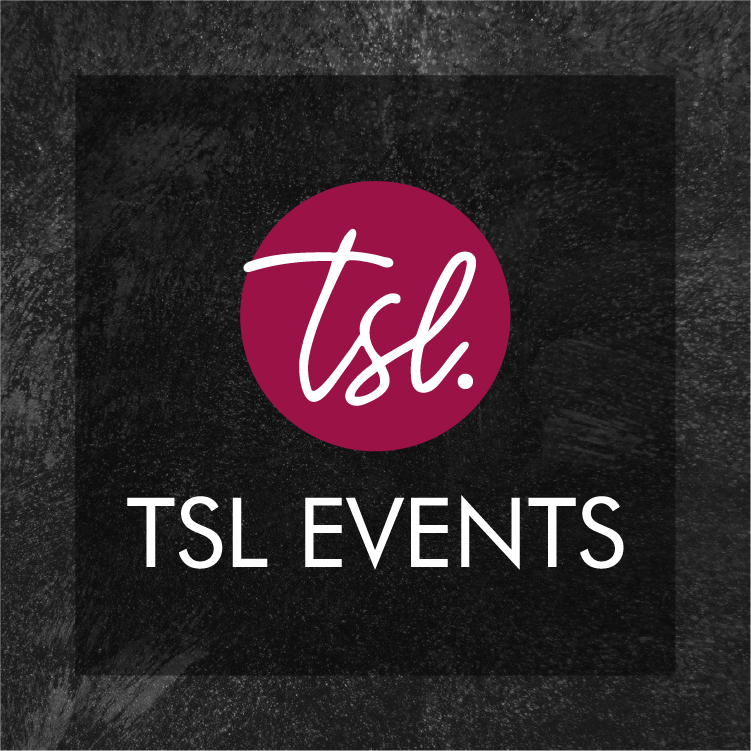 Logo for TSL Events, with a maroon circle containing the white cursive initials 'tsl.' above the text 'TSL EVENTS' in white capital letters, set against a black textured background.