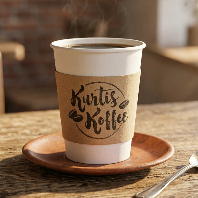 A white disposable coffee cup with a brown paper sleeve that has the logo 'Kurtis Koffee' on it, placed on a small wooden plate on a rustic wooden table.