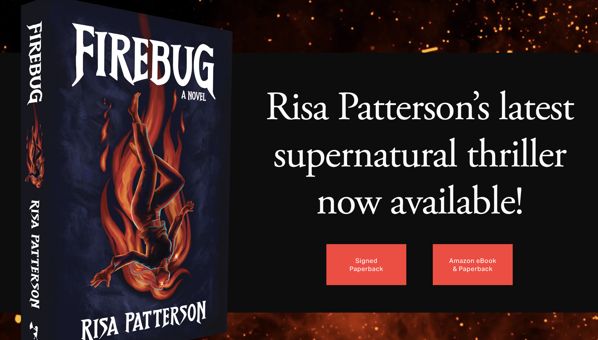 Book cover titled "Firebug" by Risa Patterson with an illustration of a person falling into flames.