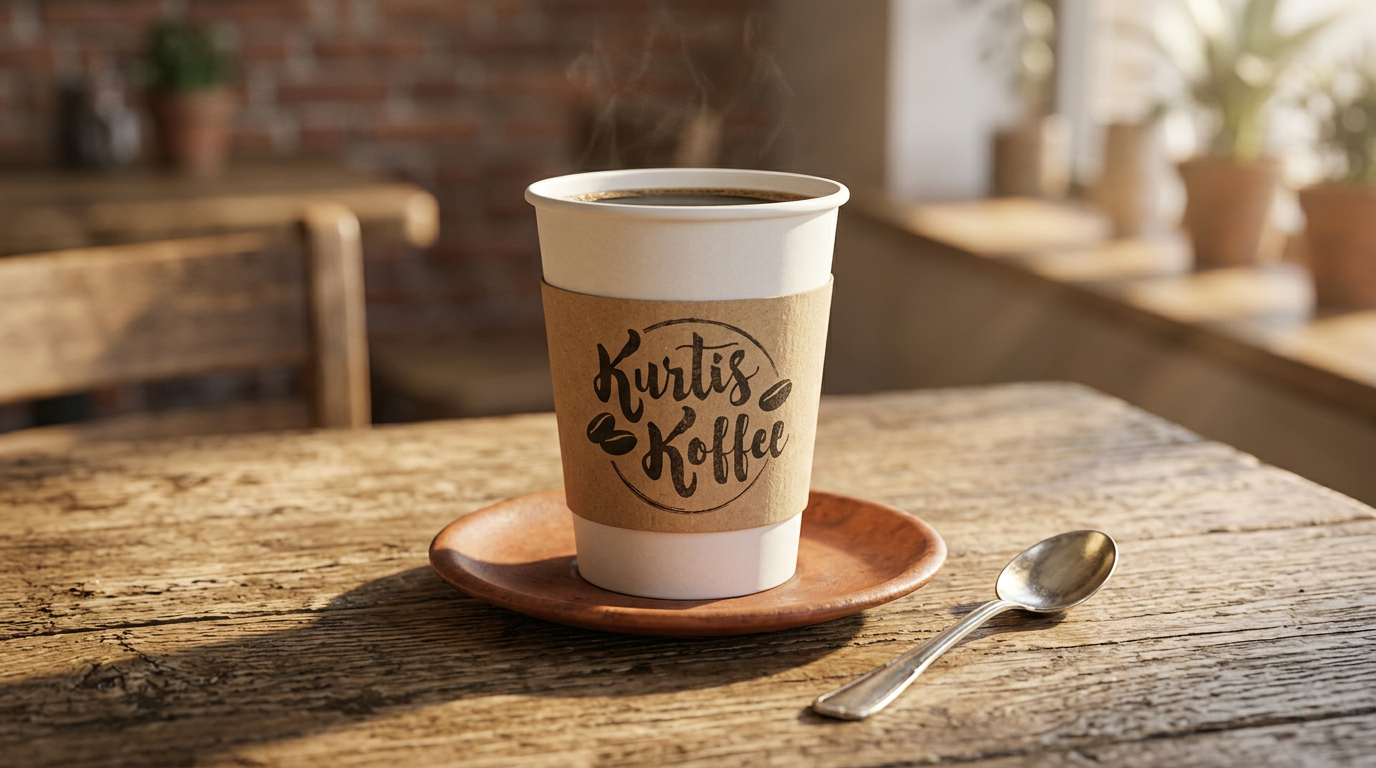 A disposable coffee cup with a cardboard sleeve and logo that reads 'Kurtis Koffee' sits on a small ceramic plate on a rustic wooden table, with a metal spoon beside it. In the background, a window lets in sunlight, illuminating potted plants and a brick wall.
