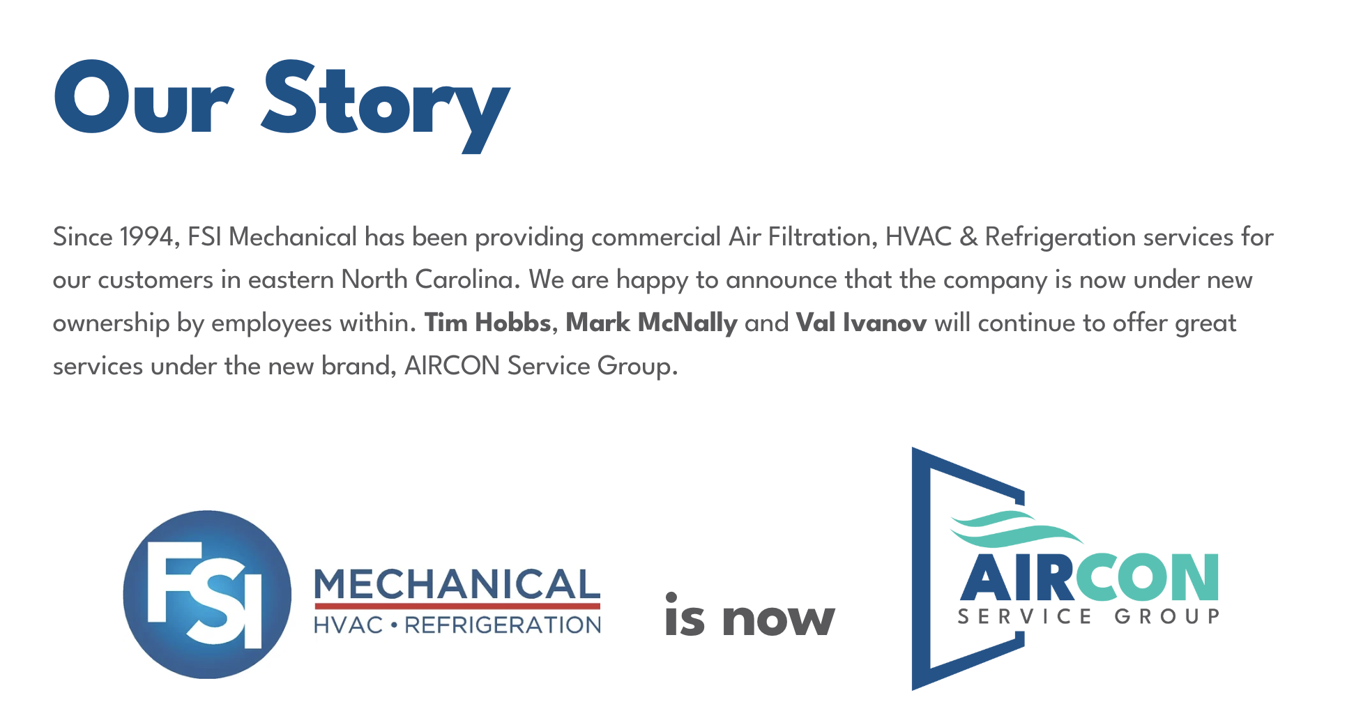 Announcement of company rebranding from FSI Mechanical to Aircon Service Group, featuring logos of both companies.