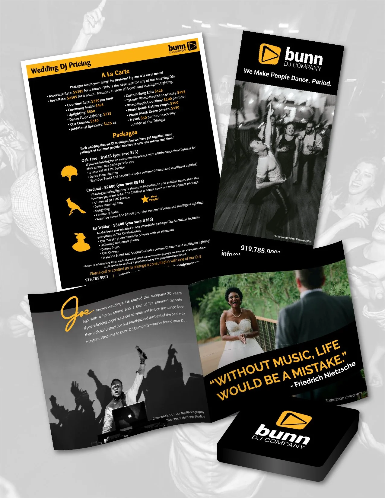 Brochures and flyers for Bunn DJ Company featuring wedding DJ pricing, packages, and motivational quotes, along with a black and white photo of a DJ at a party and a wedding celebration scene.