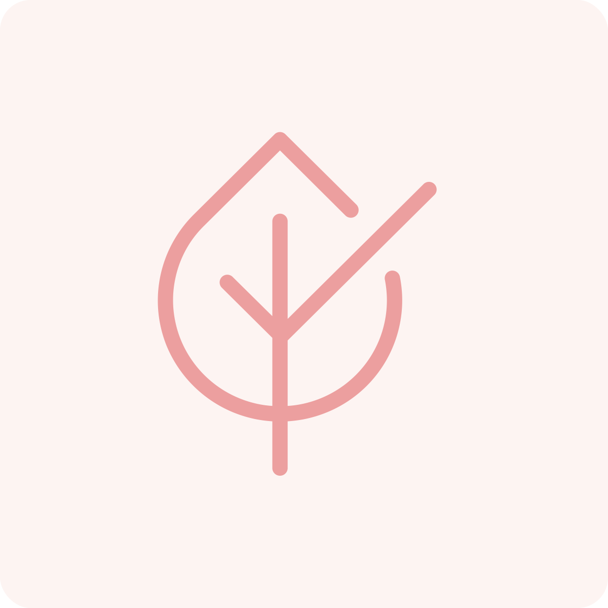 Minimalist pink outline of a leaf with a checkmark inside.