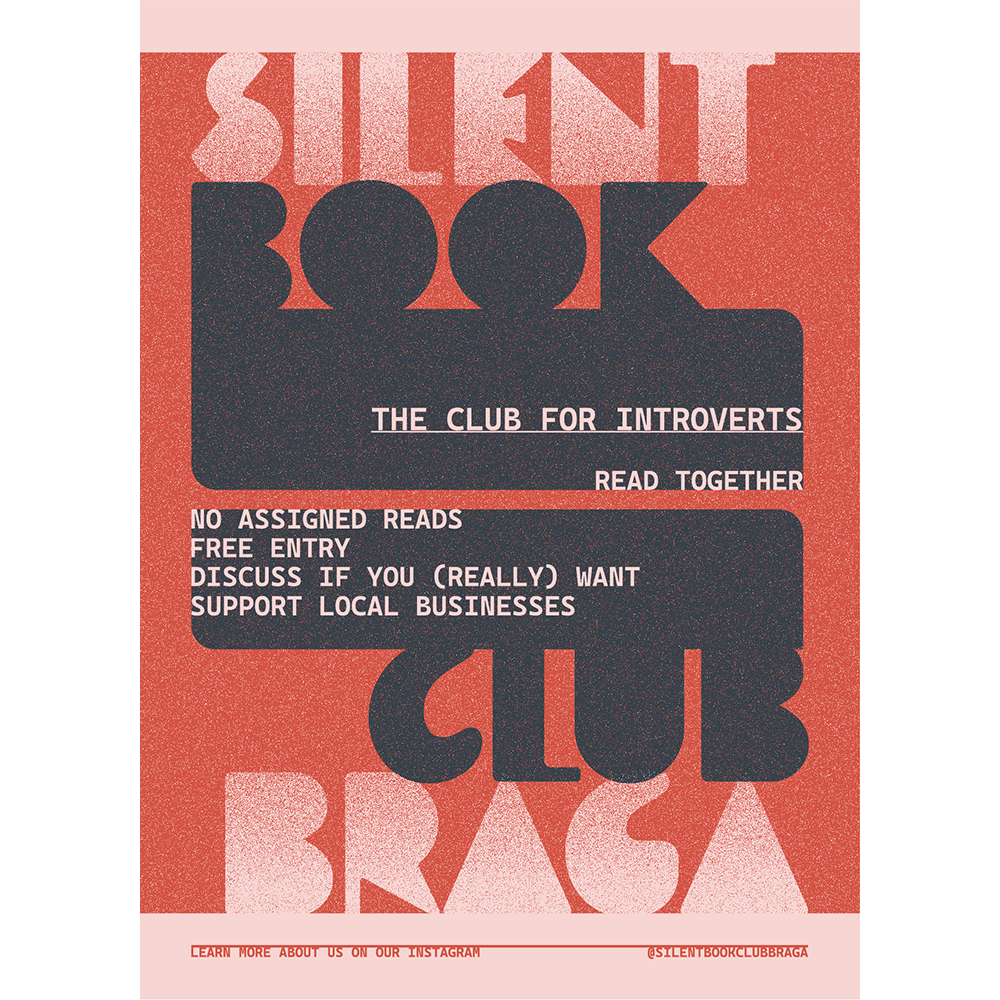 Cartaz de divulgação de um clube do livro para introvertidos, com informações sobre encontros gratuitos, atividades de leitura e apoio a negócios locais, com destaque para o nome 'Silent Book Club'.
