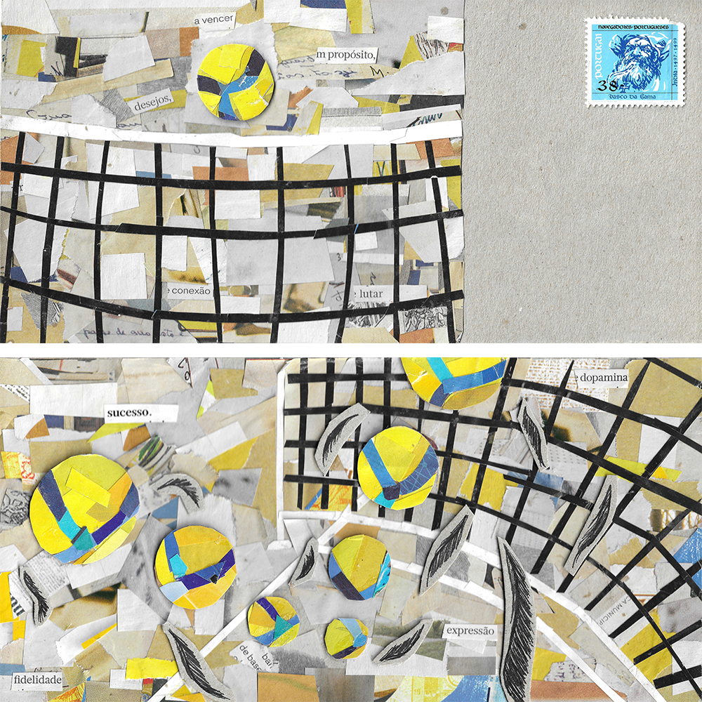 Colagem artística com papel rasgado, uma grade preta, objetos de papel e várias bolas coloridas sobre fundo de parede cinza e selo postal azul ao lado direito.