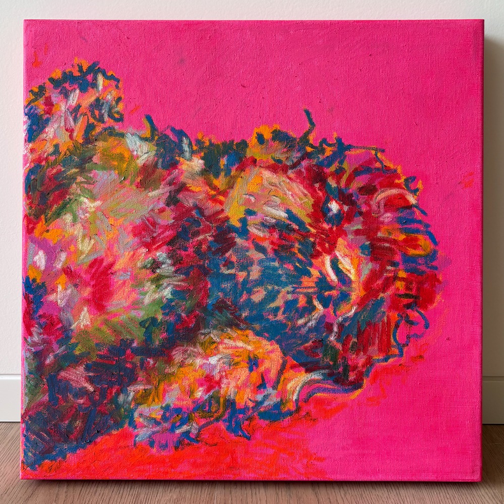 Quadro de pintura abstrata com fundo rosa e mistura de cores vibrantes
