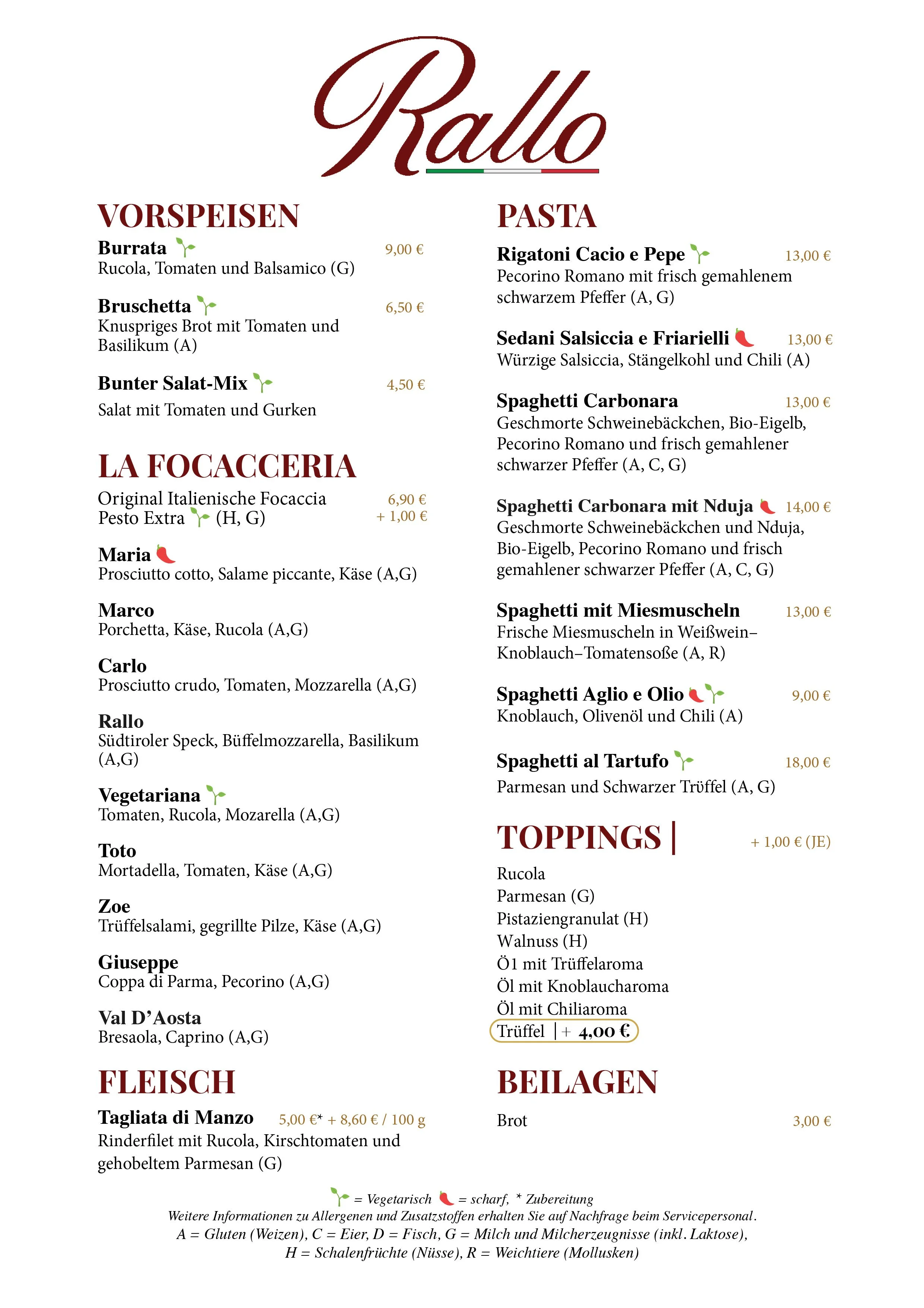 Speisekarte einer italienischen Pizzeria mit Vorspeisen, Pasta, Fleisch- und Fischgerichten, Beilagen und Toppings. Enthält vegetarische, scharfe und Zubereitungsinformationen.