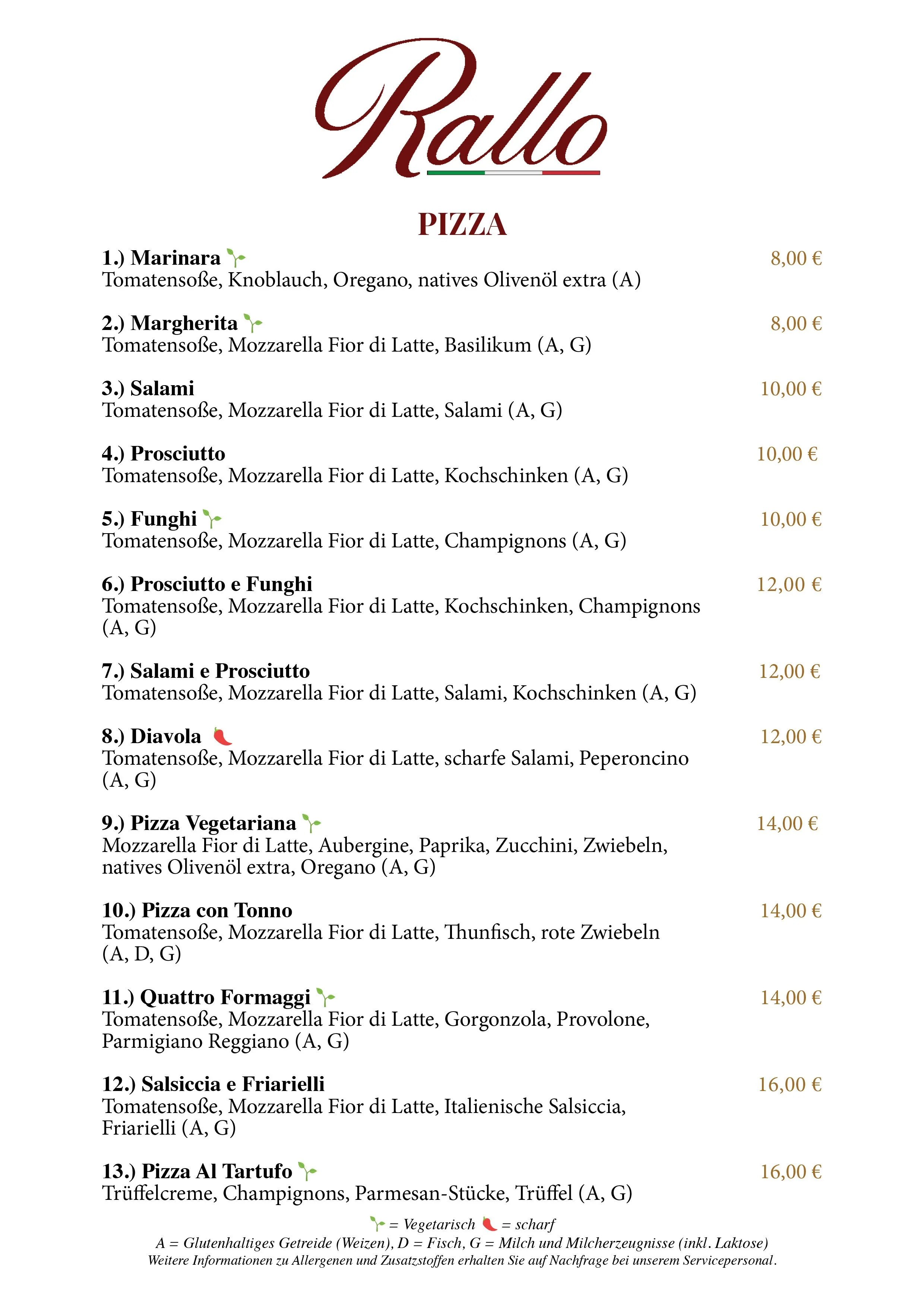 Speisekarte mit verschiedenen Pizza-Variationen, darunter Marinara, Margherita, Salami, Prosciutto, Funghi, Prosciutto e Funghi, Salami e Prosciutto, Diavola, Quattro Formaggi, Pizza Al Tartufo, Salsiccia e Friarielli. Preise in Euro, Zutatenliste und Allerghinweise sind enthalten.