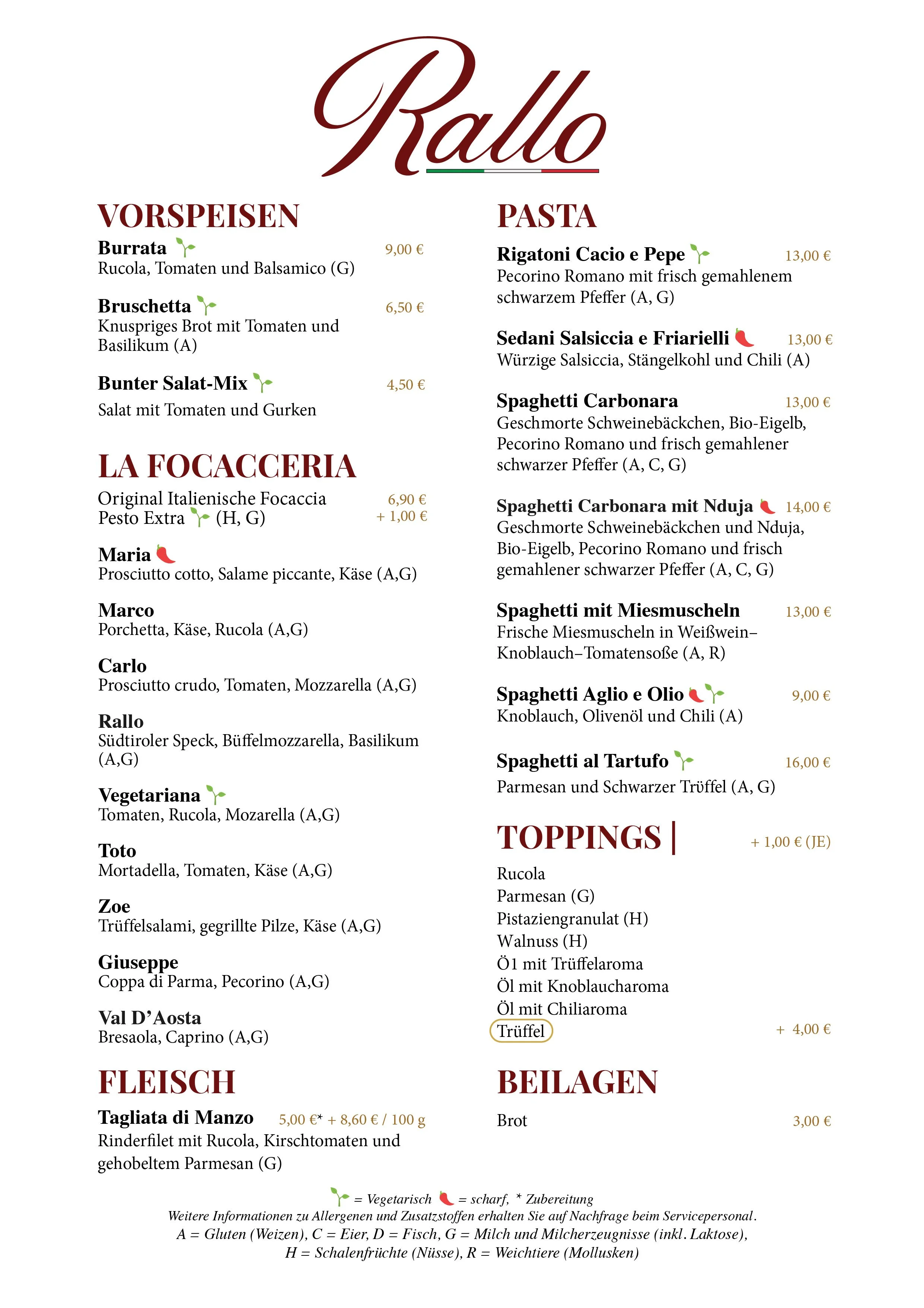 Speisekarte einer italienischen Pizzeria mit Abschnitten für Vorspeisen, Pasta, Fleisch, Beilagen und Toppings. Einige Gerichte sind mit vegetarischem oder scharfen Hinweis markiert, Preise sind in Euro angegeben.