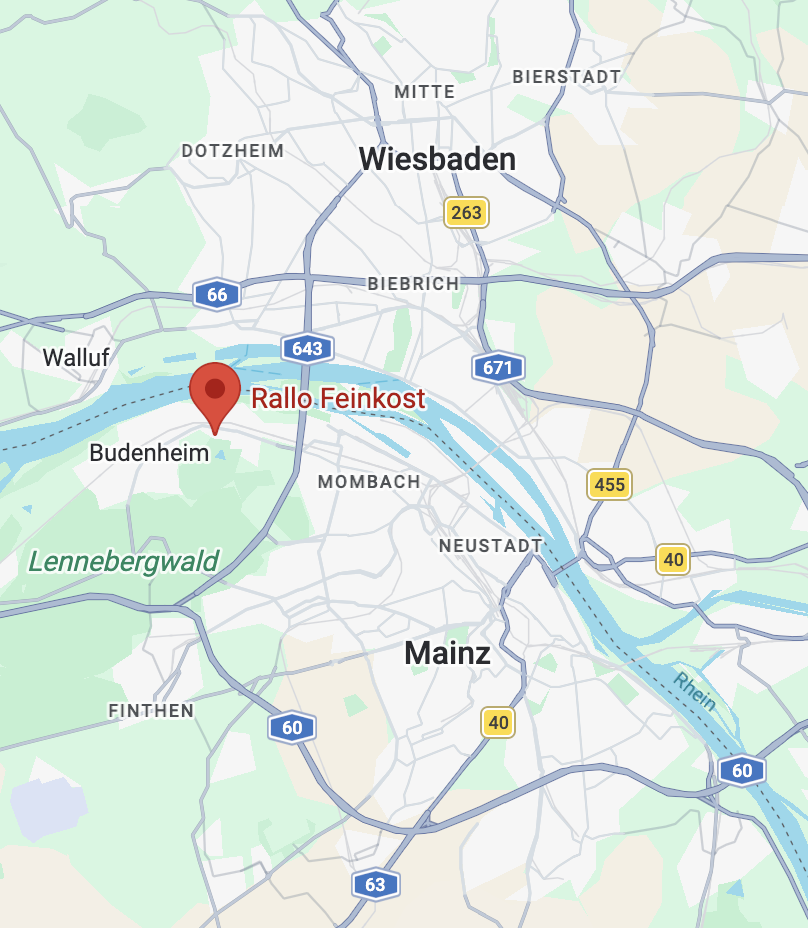 Karte der Stadt Wiesbaden und Umgebung, mit Markierung für Rallo Feinkost