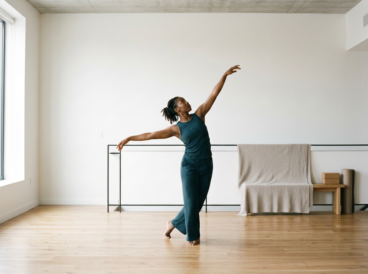 A woman embodying the movement of a bird flying freely.