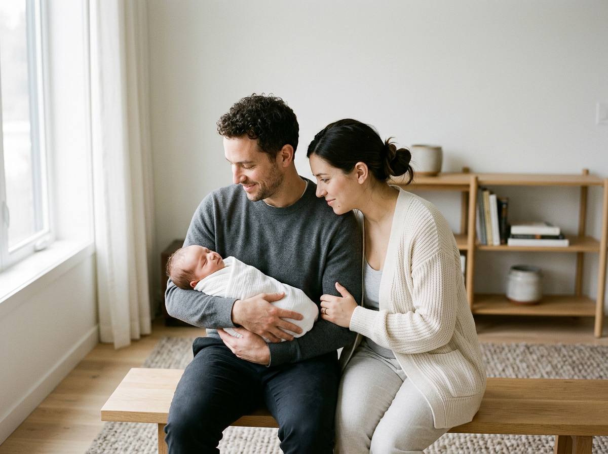 A family of three, a father, mother, and a newborn baby, practising eye gazing and connection building.
